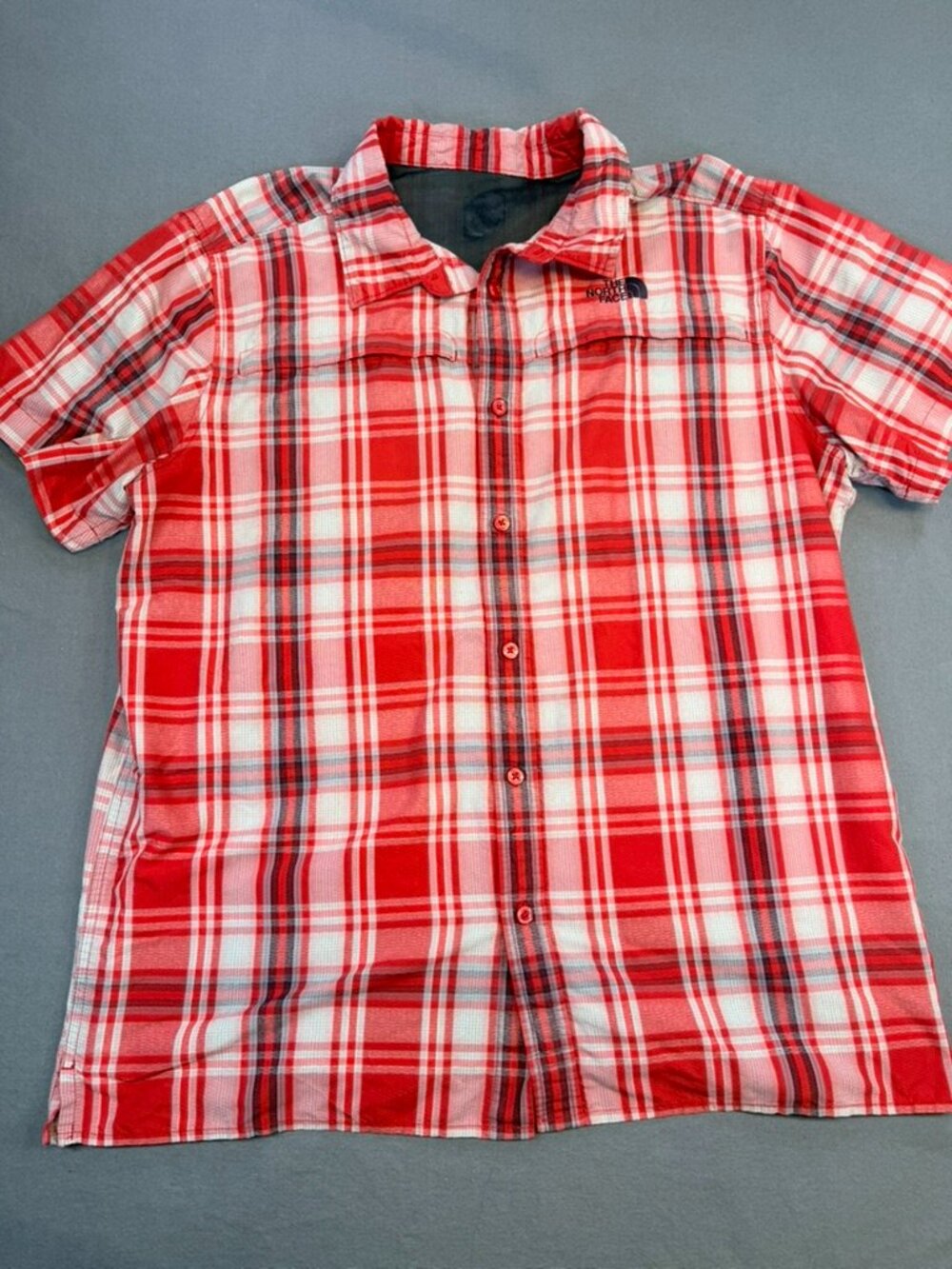 The North Face Shirt Mens Tekware Large Short Sleeve Plaid Button Up Hiking Red